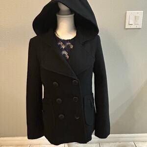 Guess Black Wool Blend Hooded Peacoat Double Breasted Women’s Medium